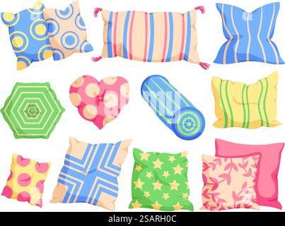 Cartoon-Kissen. Bequemes Kissen für Bett und Couch, Schlafzimmer Textil und verschiedene Form Kissen Vektorsatz von Kissen bequem für Zuhause Innenillustration. Cartoon-Kissen. Bequemes Kissen für Bett und Couch, Schlafzimmer Textil und verschiedene Form Kissen Vektorset Stock Vektor