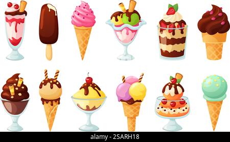 Eisdesserts. Eisbecher mit Sirup, süßen Streuseln, Beeren und Früchten. Leckeres kaltes Dessert im Glas-Cartoon-Vektor-Set. Köstliche Tiefkühlgerichte oder Snacks mit verschiedenen Geschmacksrichtungen. Eisdesserts. Eisbecher mit Sirup, süßen Streuseln, Beeren und Früchten. Leckeres kaltes Dessert im Glas-Cartoon-Vektor-Set Stock Vektor