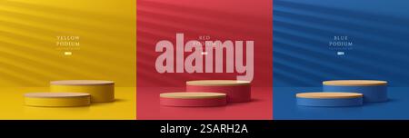 Set aus abstraktem 3D-Hintergrund mit gelbem, dunkelblauem, rotem, realistischem hölzernem Zylinderpodium. Minimale runde Szene mit Licht und Schatten. Bühnenpräsentation, Modellvorstellung Produktpräsentation. Geometrische Vektorformen. Stock Vektor