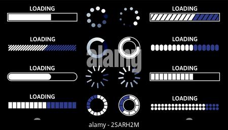 Lastanzeige. Statusleiste laden, Fortschritt beim Herunterladen des runden Puffers und Vektorsymbole für das Hochladen von Zeilen oder Dateiübertragungen. Sammlung der Elemente für die Darstellung von Kreisen und Linien. Lastanzeige. Statusleiste laden, Fortschritt beim Herunterladen des runden Puffers und Vektorsymbole für das Hochladen von Zeilen oder Dateiübertragungen Stock Vektor