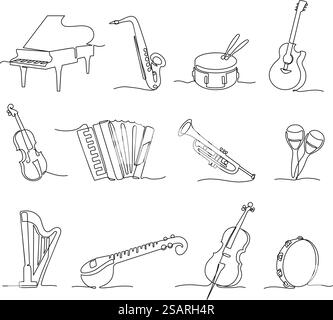 Musikinstrumente mit einer durchgehenden Linie. Orchestersaxophon, Flügel, Akustikgitarre und Sitar. Jazz-Musik isolierter Vektorsatz des Musikinstruments für Konzert-Illustration. Musikinstrumente mit einer durchgehenden Linie. Orchestersaxophon, Flügel, Akustikgitarre und Sitar. Jazz-Musik isoliert Vektor-Set Stock Vektor