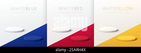 Set aus abstraktem rotem, blauem, gelbem und weißem 3D-Zylinderpodest auf kontrastfarbenem Bodenhintergrund. Vektor-Rendering minimales geometrisches Plattformdesign für Produktpräsentationen. Stock Vektor