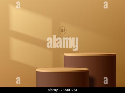 Abstrakter 3D-Hintergrund mit realistischem braunem, goldenem Zylinderschritt-Podium-Set, Fensterschatten-Überlagerung. Produktanzeige mit minimalem Wandmotiv. Vintage-geometrische Formen. Luxuriöse Bühnenpräsentation. Stock Vektor