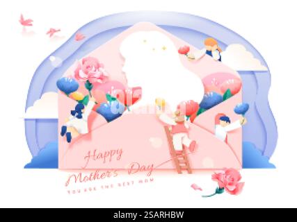 Elegante Vorlage zum Muttertag im Papierschnitt. Niedliche Kinder versammeln sich zu einem Brief und schenken Blumen an die Silhouette der Frau. Mutterschaft und Liebe senden. Elegante Muttertagskarte in Papierform Stock Vektor