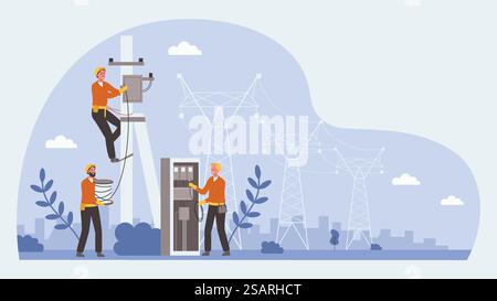 Team der Elektroarbeiter. Transformatorservice, elektrische Stromleitungen Techniker arbeiten und Box Stromversorgung Reparaturen Teamwork Vektor Illustration. Menschen in Uniform, die elektrische Ausrüstung vorbereiten. Team der Elektroarbeiter. Transformatorservice, elektrische Stromleitungen Techniker arbeiten und Box Stromversorgung Reparaturen Teamwork Vektor Illustration Stock Vektor