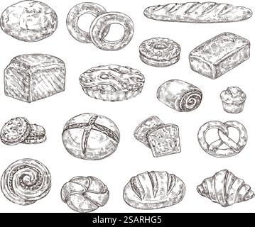 Skizzieren Sie Backwaren. Handgezeichnetes Brot, süßes Gebäck und Desserts für Lebensmittelverpackungen. Backwaren Vektor-Illustration Set. Bio-hausgemachte Produkte wie Croissant, Baguette, Kekse. Skizzieren Sie Backwaren. Handgezeichnetes Brot, süßes Gebäck und Desserts für Lebensmittelverpackungen. Backwaren Vektor-Illustration Set Stock Vektor