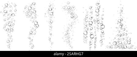 Kohlensäurehaltiges Wasser, Fizz-Blasen. Unter Wasser sprudelnde Luft verstreute Blasenströmung für kohlensäurehaltige Getränke. Schwimmende Sauerstoffkugeln visuelle Effektvektordarstellung von flüssigem Unterwassersauerstoff. Kohlensäurehaltiges Wasser, Fizz-Blasen. Unter Wasser sprudelnde Luft verstreute Blasenströmung für kohlensäurehaltige Getränke. Abbildung des visuellen Effekts des Vektors der schwimmenden Sauerstoffkugeln Stock Vektor