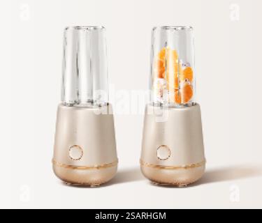 Set Smoothie Maker in 3D-Abbildung. Eine ist voll mit Orangenscheiben und Eiswürfeln, die andere ist leer. Haushaltsgeräte isoliert auf weißem Hintergrund. Set von Smoothie Maker-Geräten Stock Vektor