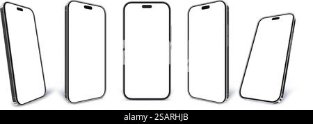 Schwarzes Mobiltelefon-Modell. Smartphone-Bildschirmrahmen, isoliertes Handy und 3D-Gadget-Vektor-Template-Set. Moderne Präsentation intelligenter Geräte, tragbare Geräte mit Touchscreen für Anrufe. Schwarzes Mobiltelefon-Modell. Smartphone-Bildschirmrahmen, isoliertes Handy und 3D-Gadget-Vektor-Template-Set Stock Vektor
