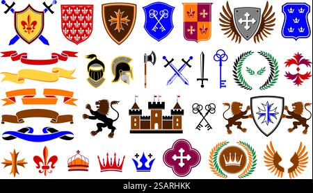 Antike heraldische Emblem-Vorlagen. Traditionelle mittelalterliche Waffen und Schilde Etiketten, königliche Krone, Löwe und Band Vektor Set. Schloss, gekreuzte Schwerter und Schlüssel, nobelkranz isolierte Elemente. Antike heraldische Emblem-Vorlagen. Traditionelle mittelalterliche Waffen und Schilde Etiketten, königliche Krone, Löwe und Band Vektor Set Stock Vektor