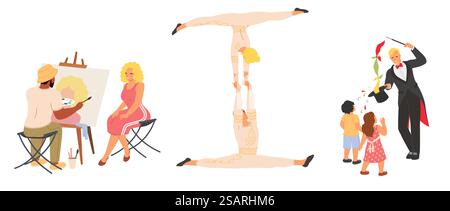Paarakrobaten, die Gymnastik-Elemente durchführen, Illusionist, der Tricks mit Hut für Kinder zeigt, Künstler zeichnendes Bild für Frau Vektor-Illustration isoliert auf weißem Hintergrund. Ein paar Akrobaten, ein Illusionist zeigt Tricks mit Hut, ein Künstler zeichnet ein Bild Stock Vektor