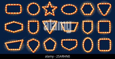 Retro-Rahmen mit Lichtern. Vintage-Schild mit Glühbirnen, unterschiedlich geformten Schildern und Leuchtkasten-Banner mit Lampen auf Rahmenvektor Set von Schilderbirne, Zirkus und Casino Illustration. Retro-Rahmen mit Lichtern. Vintage-Schild mit Glühbirnen, Schildern in verschiedenen Formen und Leuchtkasten-Banner mit Lampen auf Rahmenvektor-Set Stock Vektor