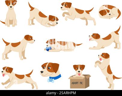 Zeichentrickhund. Verspieltes Beagle-Hündchen sitzt, läuft, schläft und spielt mit Ball. Guter Junge Vektor Illustration Set von Jungbeagle, verspielter Cartoon Welpen, Tier Hund. Zeichentrickhund. Verspieltes Beagle-Hündchen sitzt, läuft, schläft und spielt mit Ball. Good Boy Vektor Illustration Set Stock Vektor
