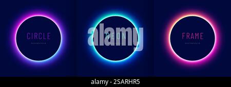 Set aus blauem, rot-violettem, grün leuchtendem Neonboard-Rahmen. Abstrakte kosmische, lebendige Farben. Sammlung von leuchtenden Neonlichtern auf dunklem Hintergrund mit Kopierraum. Futuristischer Stil mit Draufsicht. Stock Vektor