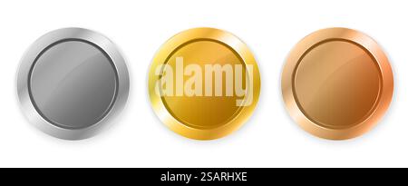 Logokollektion mit Medaillen. Set mit glänzenden runden Auszeichnungen in Metallic-Farben in Gold, Silber und Bronze. Luxuriöse Rahmen, Dekorationsembleme. Isolierte abstrakte grafische Designvorlage Stock Vektor
