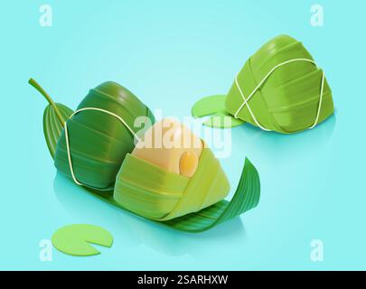 3D leckere Zongi- oder Reisknödel auf Lotus- oder Bambusblatt. Duanwu Festival Esselemente isoliert auf aquablauem Hintergrund. 3D leckere Reisknödel Elemente Stock Vektor