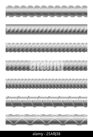 Endlose Bewehrung Metallprofile Stab und Anker isoliert auf weißem Hintergrund. Verschiedene Edelstahl-Baumaterialien für die Verstärkung von Gebäuden und Ingenieurstruktur Vektor-Illustration. Endlos bewehrte Metallprofile Stab und Anker isolierter Satz Stock Vektor