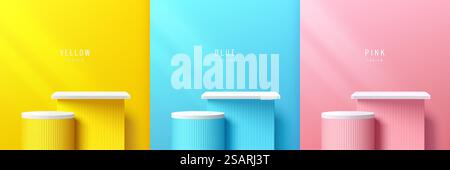 Set aus abstrakten Zimmern in Gelb, Blau und Pink mit realistischem 3D-Stufen-Würfel und Zylinderständer. Vektor, der geometrische Formen wiedergibt. Pastellfarbene minimale Wandszene. Bühne für Showcase, Modellpräsentation von Produkten Stock Vektor