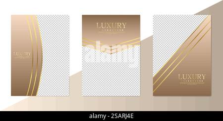 Abstrakter brauner und beiger luxuriöser Hintergrund mit goldenen Linien im Papierschnitt. Vektorposter- oder Bannervorlagen-Set EPS10 Stock Vektor