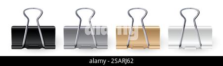 Büroklammern Set. Realistische Binderklammer in Schwarz, weiß, Gold, Grau, Silber, Papierhalter aus Metall isoliert auf weißem Hintergrund. Sammlung von Büromaterial aus Stahl. Vektor-3D-Abbildung EPS10 Stock Vektor