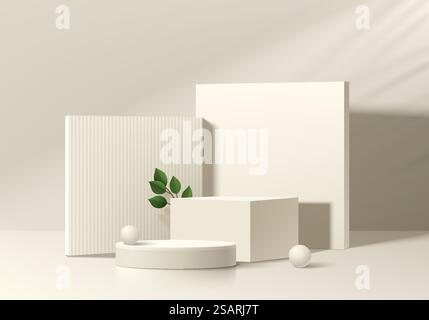 Abstrakter 3D-Hintergrund, realistische Schritte beige rund, Würfelpodest mit Palmblattschatten. Minimale Szene für Modellproduktanzeige. Geometrische Vektorformkonstruktion. Bühne zur Präsentation. Stock Vektor