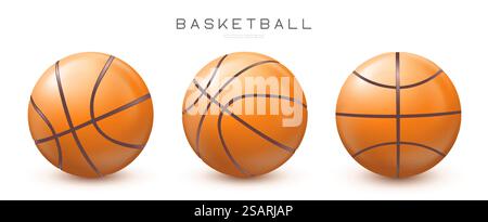Vektorrealistische Basketballbälle in verschiedenen Ansichten. Abbildung der Sportausrüstung isoliert auf weißem Hintergrund EPS10 Stock Vektor