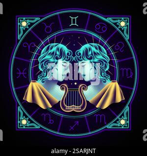 Gemini-Sternzeichen dargestellt von zwei männlichen Jugendlichen. Neonhoroskop-Symbol im Kreis mit anderen astrologischen Schildern. Neon-Sternzeichen von Gemini Stock Vektor