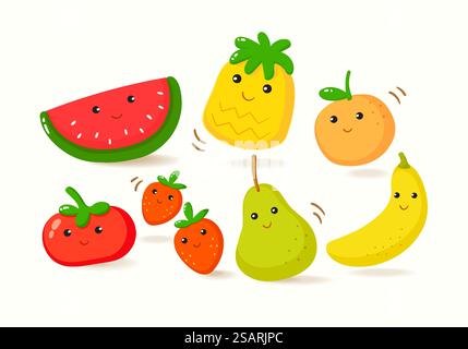 Vector Kawaii Fruits Charakterkollektion Stock Vektor