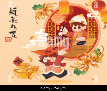 2022 CNY schöne Illustration. Süße asiatische Kinder, die es genießen, chinesische Grußkalligraphie auf Scroll zu schreiben. Übersetzung: Ich wünsche Ihnen viel Glück für das kommende Jahr. CNY-Grußkalligraphiekarte Stock Vektor