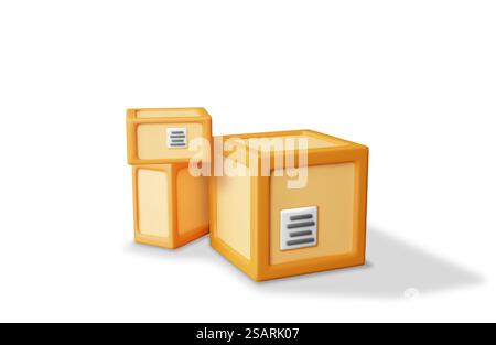 3D-Stapel von Kartons isoliert. Stapelpostpaket in Bastelpapier, Holzkiste rendern. Postalische Zeichen der Fragilität. Karton Mit Lieferung Von Fracht Verpackung. Transportlogistik. Vektorabbildung. 3D-Stapel von Kartons isoliert. Stock Vektor