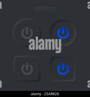 Power-Symbol im Pneumorphismus-Stil. Ein-/Ausschalter. Schwarze Benutzeroberflächenelemente für mobile App. Vektor-Neumorphe UI UX Stock Vektor