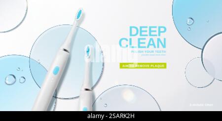 Anzeigenvorlage für elektrische 3D-Zahnbürste. Draufsicht realistischer Zahnbürsten mit blauen Glasscheiben und Wassertropfen auf weißem Tisch. Werbewerbung für elektrische Zahnbürsten Stock Vektor