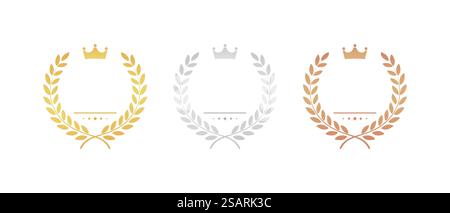 Gold-, Silber-, Bronze-Medaillen-Set. Vektor-Preis mit Lorbeerkranz. Rundes Preissymbol. Siegerrang. Rangliste der Wettbewerbtrophäen Stock Vektor