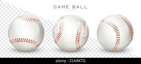 Baseballkugeln aus Leder. Vektorrealistische Softball-Symbole. Sportspielausrüstung isoliert auf transparentem Hintergrund Stock Vektor