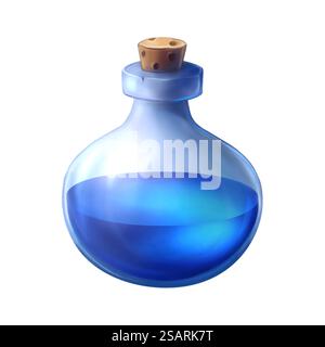 Transparente Glasflasche mit blauem Wasser. Zeichentrickspiel-Ikone der Zauberflasche. Chemiesymbol. Vektor-Tracing isoliert auf weißem Hintergrund EPS10 Stock Vektor