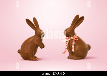Osterschokolade Kaninchen, eins mit Schleife und eins ohne. 3D-Urlaubselemente isoliert auf rosafarbenem Hintergrund... 3. Osterschokolade Kaninchen Stock Vektor