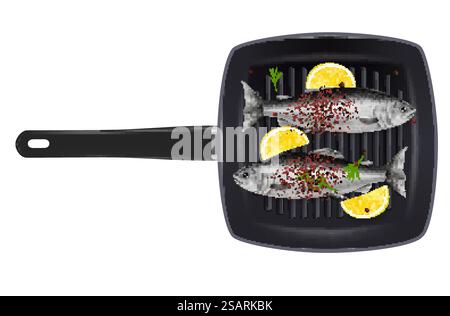 Grillpfanne mit Lachsfisch, Zitronenscheiben, Pfeffer und Rosmarin scharfes Kraut, Vektor-Illustration isoliert auf weißem Hintergrund. Gegrillte Meeresfrüchte für Restaurant, Café-Menü usw. Grillpfanne mit Lachsfisch, Vektor isoliert realistische Illustration Stock Vektor