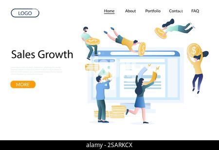 Vektor-Website-Vorlage für Vertriebswachstum, Website- und Landing-Page-Design für Website- und mobile Website-Entwicklung. Kundenattraktion, Social-Media-Marketing, Zuwachsrate des Publikums. Design-Vorlage für die Landing-Page-Website des Vektors für Vertriebswachstum Stock Vektor