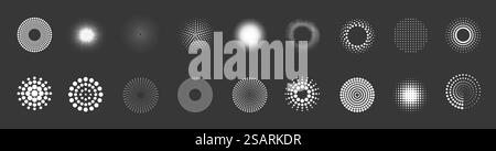 Abstrakte Kreise mit Punktstruktur. Weiße runde gepunktete Rahmen, isoliert auf schwarzem Hintergrund. Fleckenspray oder Pinsel. Vektorentwurzelement Stock Vektor