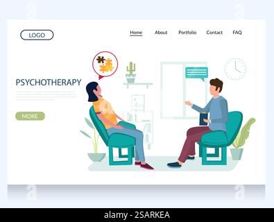 Psychotherapie-Vektor-Website-Vorlage, Webseite und Landing-Page-Design für Website- und mobile Website-Entwicklung. Psychotherapeut berät Patienten mit psychischen Problemen. Individuelle Therapie. Design-Vorlage für Landing-Page-Webseiten für Psychotherapie-Vektoren Stock Vektor
