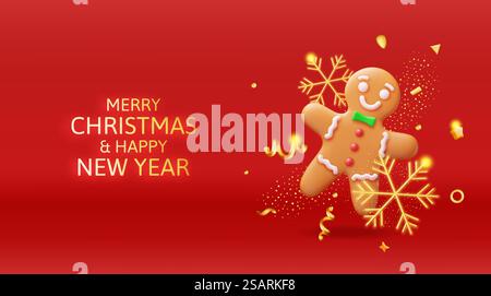3D Holiday Lebkuchen man Cookie und Konfetti. Plätzchen in Form eines Menschen mit farbiger Zuckerguss. Frohe Neujahrsdekoration. Frohe Weihnachtsfeiertage. Neujahrsfeier. Vektorabbildung. 3D Holiday Lebkuchen man Cookie und Konfetti. Stock Vektor