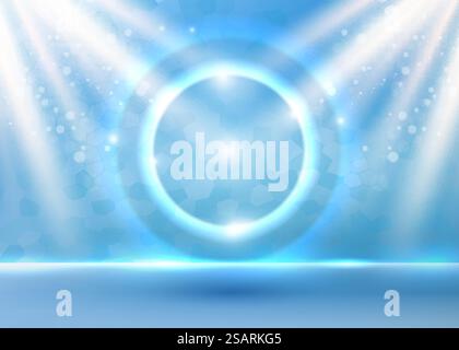 Weicher blauer Hinweishintergrund mit Bokeh-Sonnenlichteffekt und kreisförmiger Silhouettenblase. Transparente klare, ruhige Wasseroberfläche Bannervektor-Illustration. Blauer Empfehlungshintergrund mit Sonnenlichteffekt Stock Vektor