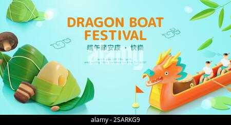 3D kreatives Duanwu Festival Banner mit Bootsrennen und köstlichen Reisknödeln. Übersetzung: Happy Dragon Boat Festival. 3D Dragon Boat Festival Banner Stock Vektor