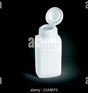 Öffnen Sie die Arzneimittelflasche mit dem Etikett auf schwarzem Hintergrund. 3D-Abbildung. . Leere Arzneimittelflasche Stock Vektor