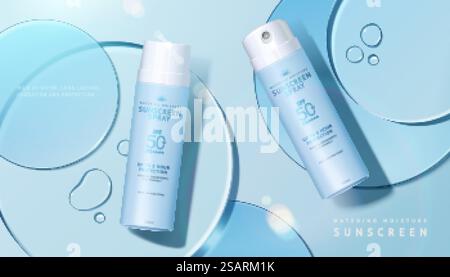 Werbung für kosmetische Produkte mit transparenten Kreisscheiben, Konzept von hell strukturiertem Sonnenschutzmittel, 3D-Illustration. Anzeigenvorlage für Hautpflegeprodukte Stock Vektor