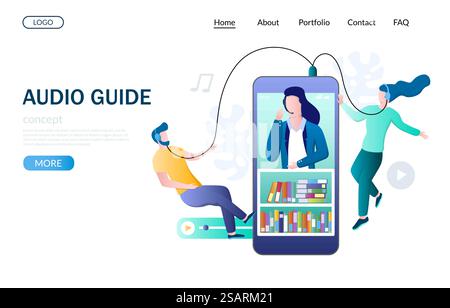 Audio Guide Vektor-Website-Vorlage, Website- und Landing-Page-Design für Website- und mobile Website-Entwicklung. Personen mit Kopfhörern, die Audioguide von einem mobilen Gerät hören. Design-Vorlage für Audio-Guide-Vektor-Website-Landing-Page Stock Vektor