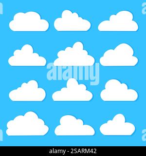 Wolken festgelegt. Abstrakte weiße Wolkensammlung isoliert auf blauem Hintergrund. Vektorabbildung Stock Vektor