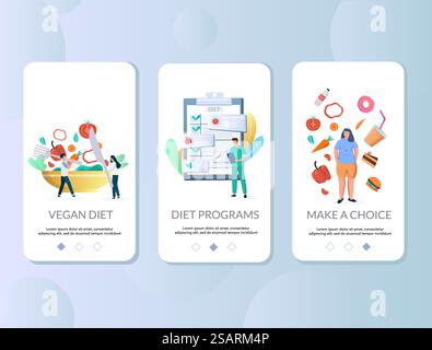 Onboarding-Bildschirme für mobile Diät-Apps. Menübanner Vektorvorlage für Website- und Anwendungsentwicklung. Vegane Diät- und Gewichtsreduktionsprogramme Konzept. Vektorvorlage für mobile Diät-App-Onboarding-Bildschirme Stock Vektor