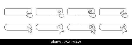 Klicken Sie hier mit der Hand oder dem Mauszeiger. Klicken Sie auf die Aktionsschaltfläche. Handzeigersymbol mit Suchfeld. Set für Website-Design Stock Vektor