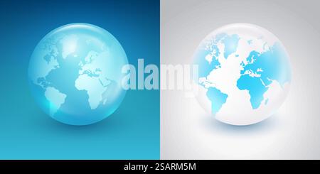 Erdkugelvektor. Weltkarte auf blauem und weißem Hintergrund. Planet mit Kontinenten Stock Vektor